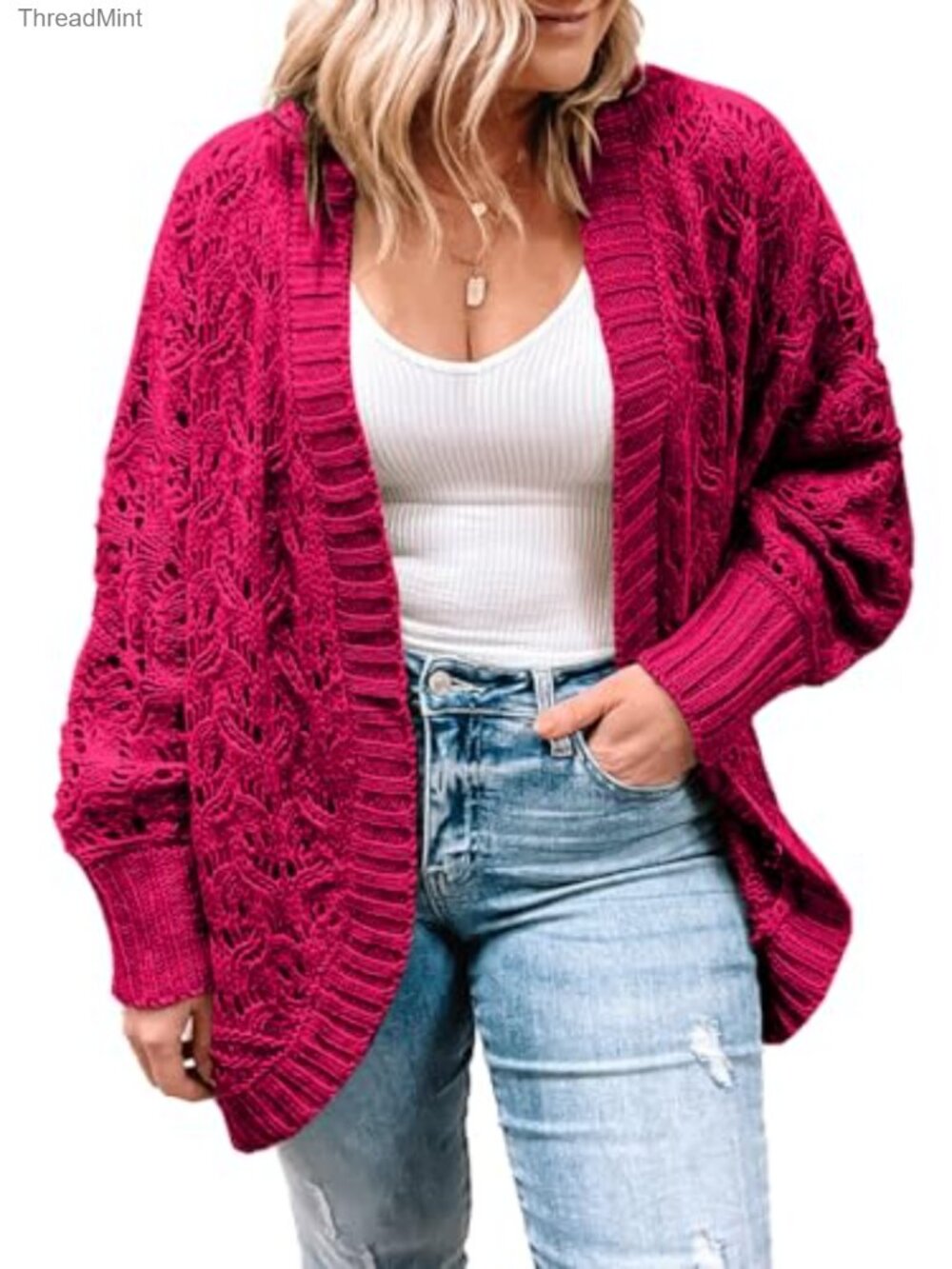 Plus Size Crochet Knit Open Front Cardigan Long Sleeve Loose Fit